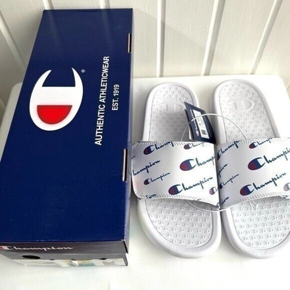 Champion Men’s 8 / women’s size 10 Unisex white Velcro slides with logo - Picture 1 of 14